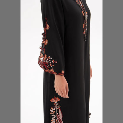 RA-32 MIDNIGHT BLOSSOM Embroidered Raw Silk Long Kaftan Style 2 Piece | Elegant Women's Festive & Formal Wear