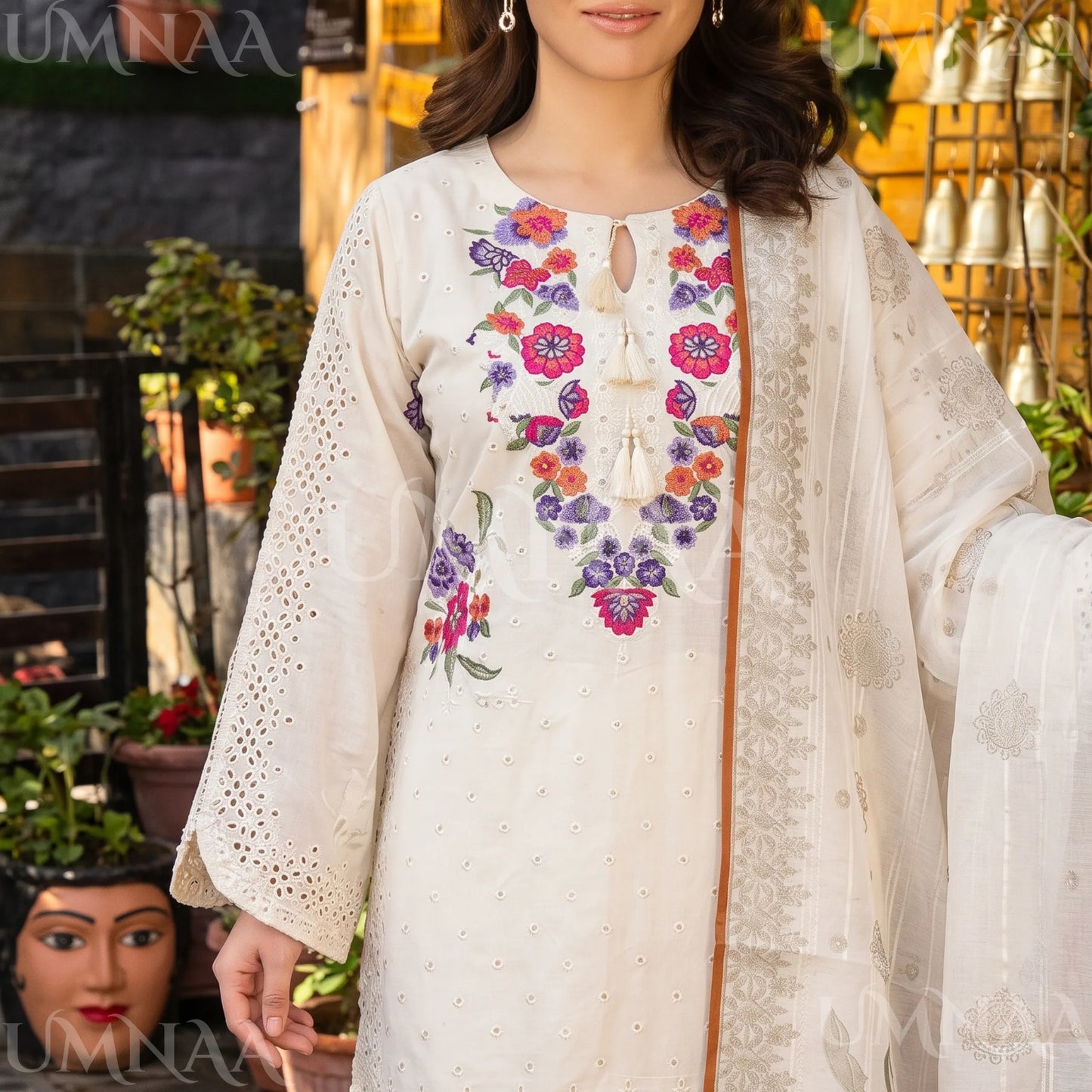 UA-223 Embroidered Cambric Cotton 3 Piece Suit | Tulip Shalwar & Printed Dupatta | Soft Summer Collection by Umnaa