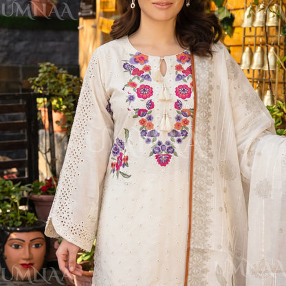 UA-223 Embroidered Cambric Cotton 3 Piece Suit | Tulip Shalwar & Printed Dupatta | Soft Summer Collection by Umnaa