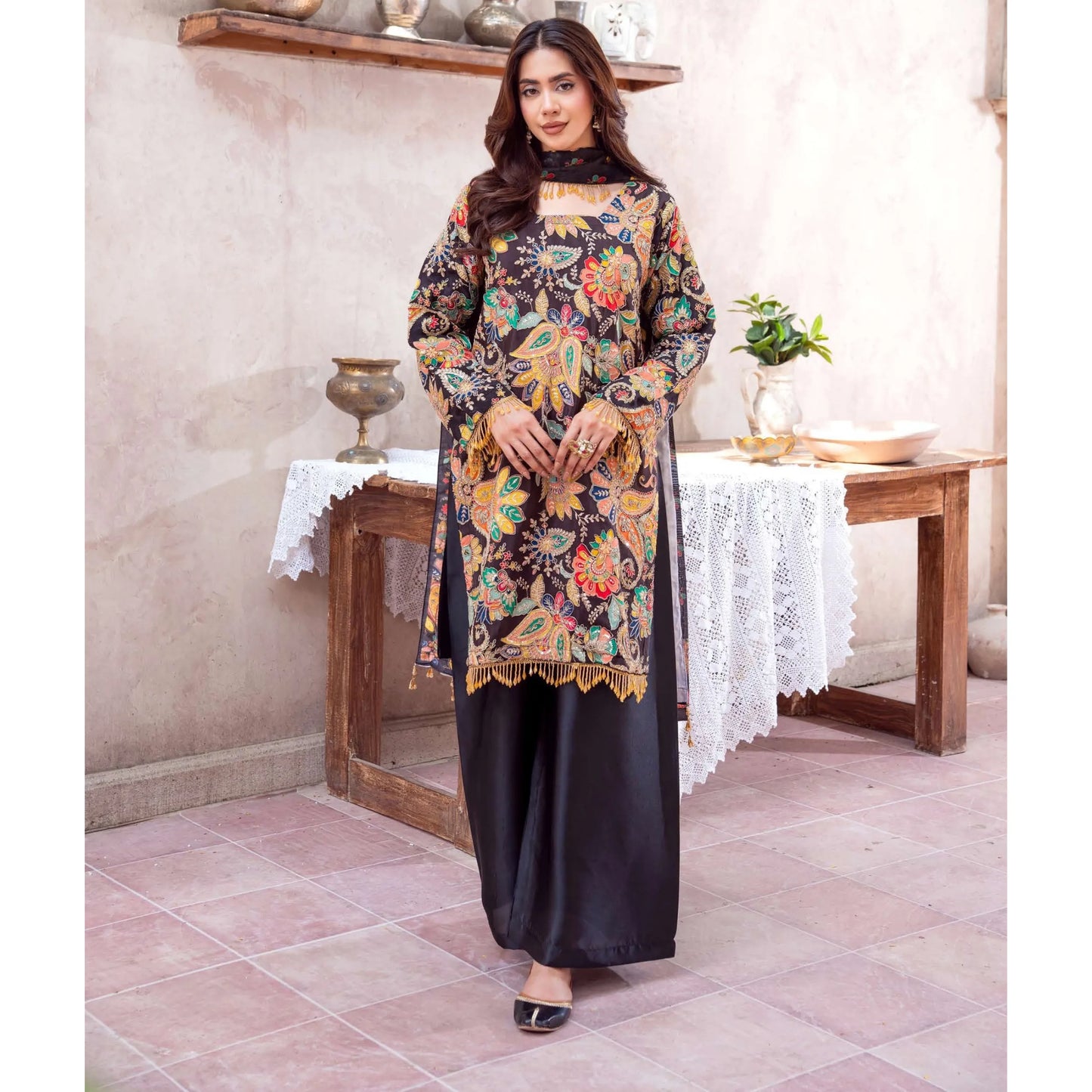 UA-225 Trendy Indian Armani Silk 3 Piece Suit by Umnaa | Embroidered Kameez with Shamoos Silk Shararah & Apple Silk Dupatta | Festive & Party Wear