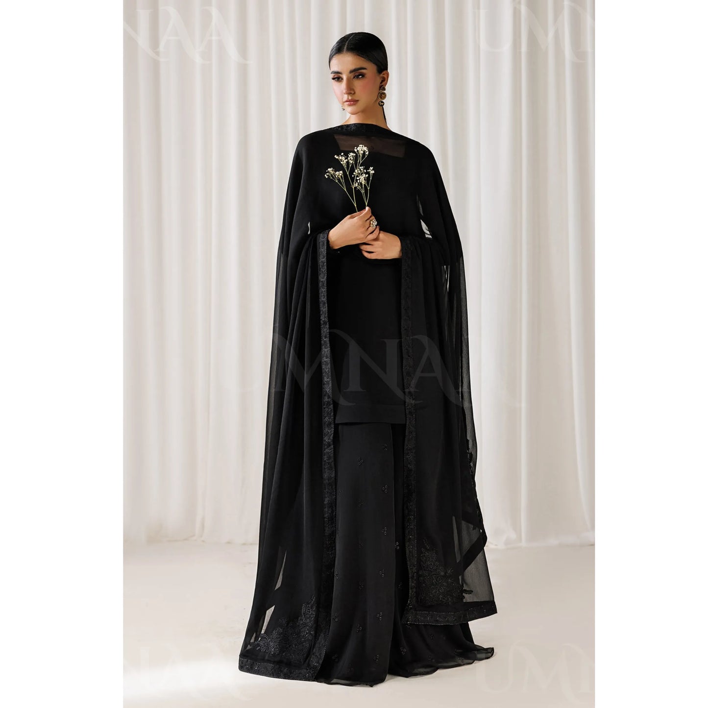 UA-230 Chiffon Sharara Full Sleeves Lined 3 Piece Suit | Chiffon Shirt with Embroidered Sharara & Dupatta | Formal Party Wear