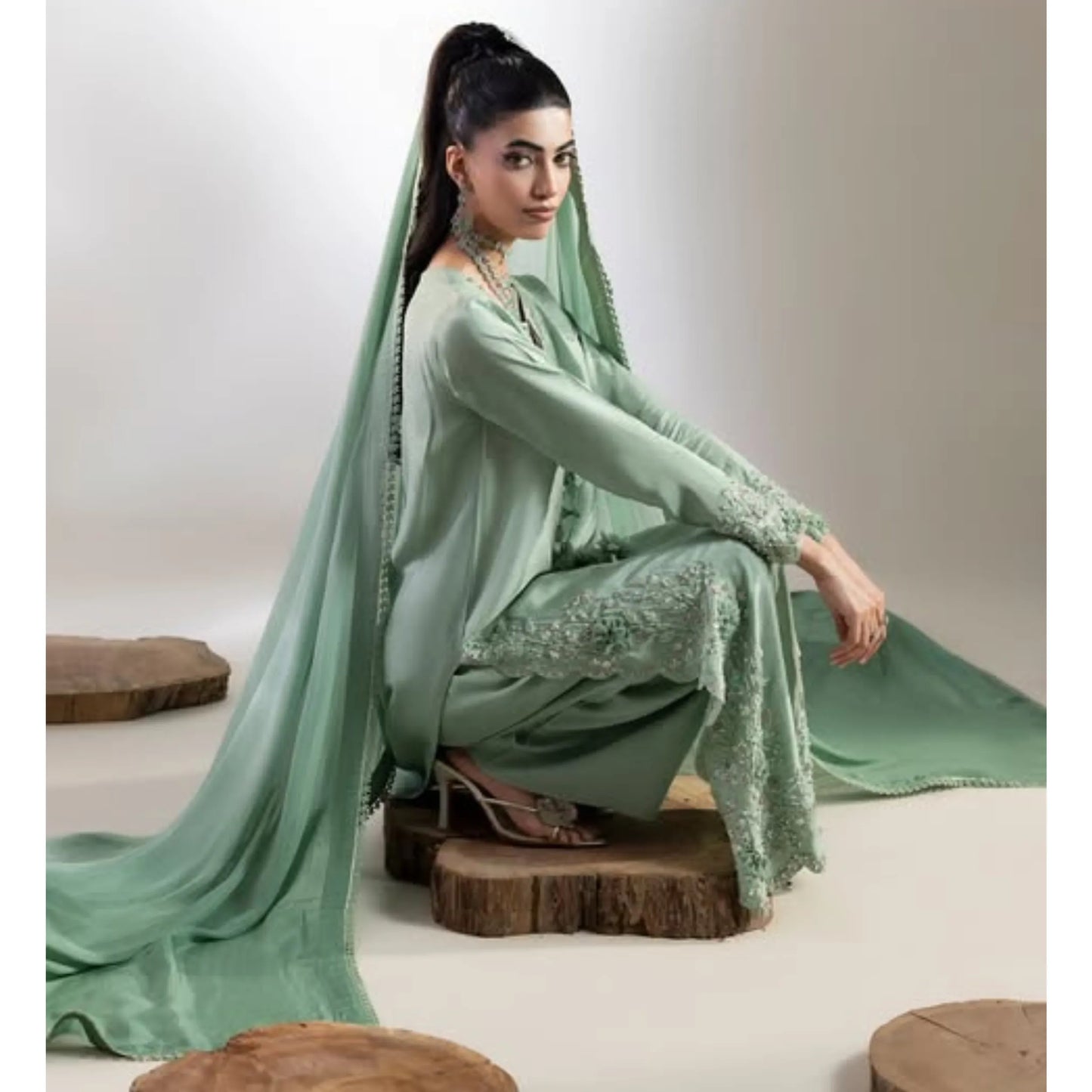 UA-336 Women's Embroidered Raw Silk Dress 3 Piece Festive & Party Wear Suit by Umnaa