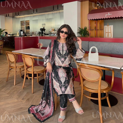 UA-274 Printed Lawn Long Kaftan Style 3 Pc Collection | Umnaa