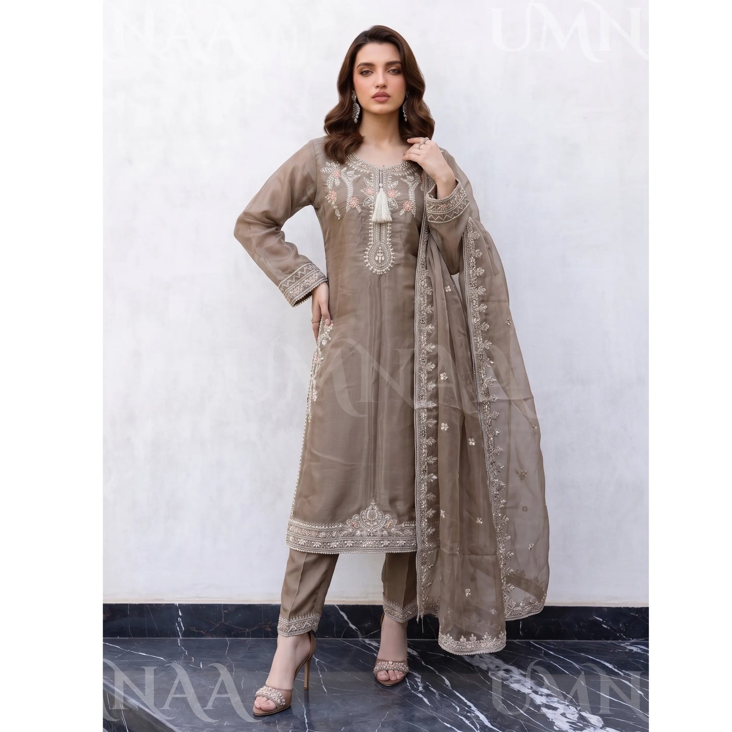 UA-289 Luxury Silk 3-Pc Suit | Embroidered Pakistani Formal Wear