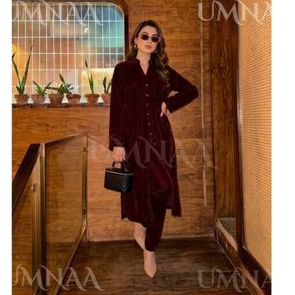 UA-301 Coat Style Velvet Co-Ords 2 Pc | Umnaa