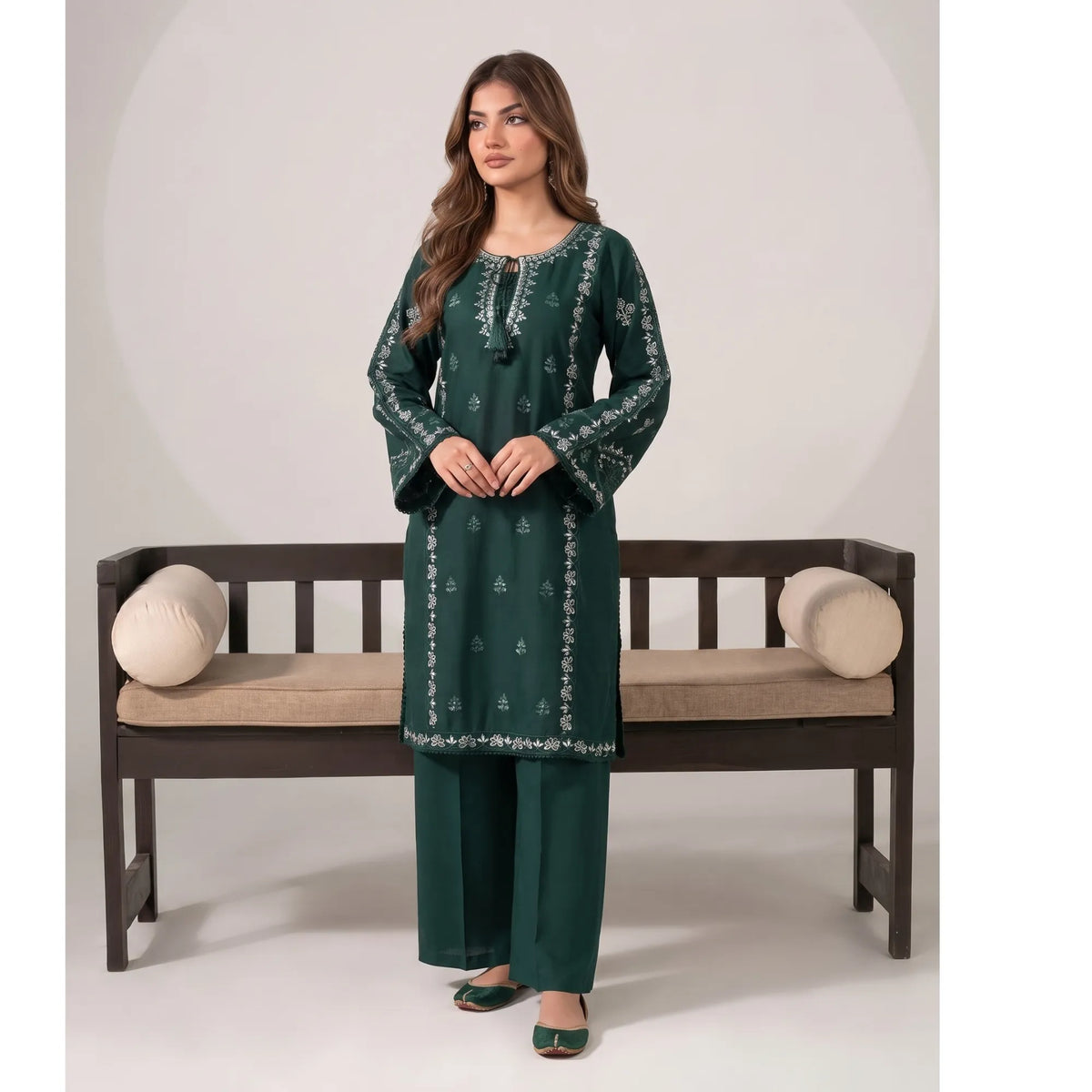 UA-305 Embroidered Dhanak Co-Ord set | Umnaa - Bottle Green