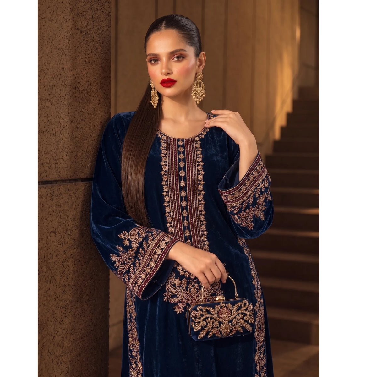 UA-320 Embroidered Velvet Kaftan Co-Ords 2 Pc | Umnaa