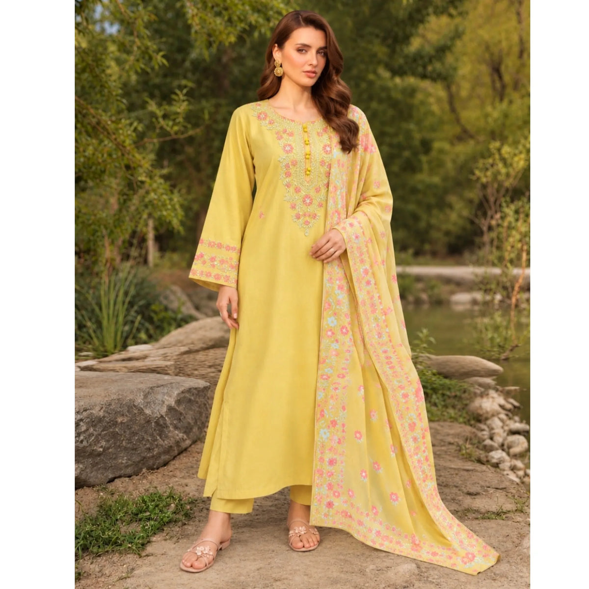 UA-326 Embroidered Dhanak Kaftan Style 3 Pc | Umnaa - Light yellow