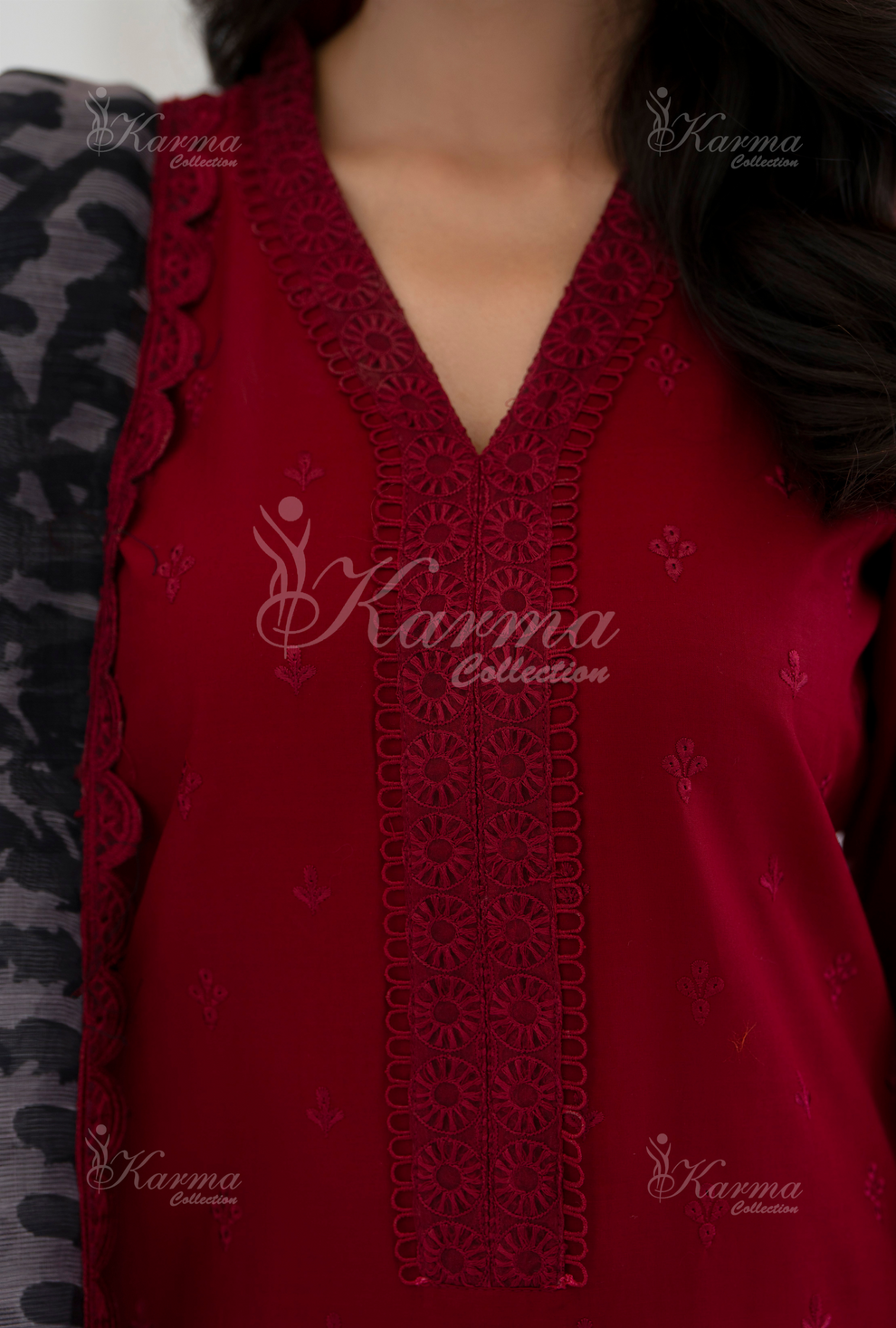 KC- 1393 | Rose Red | 3 Pc | Chikenkari Cotton Lawn | Karma Collection