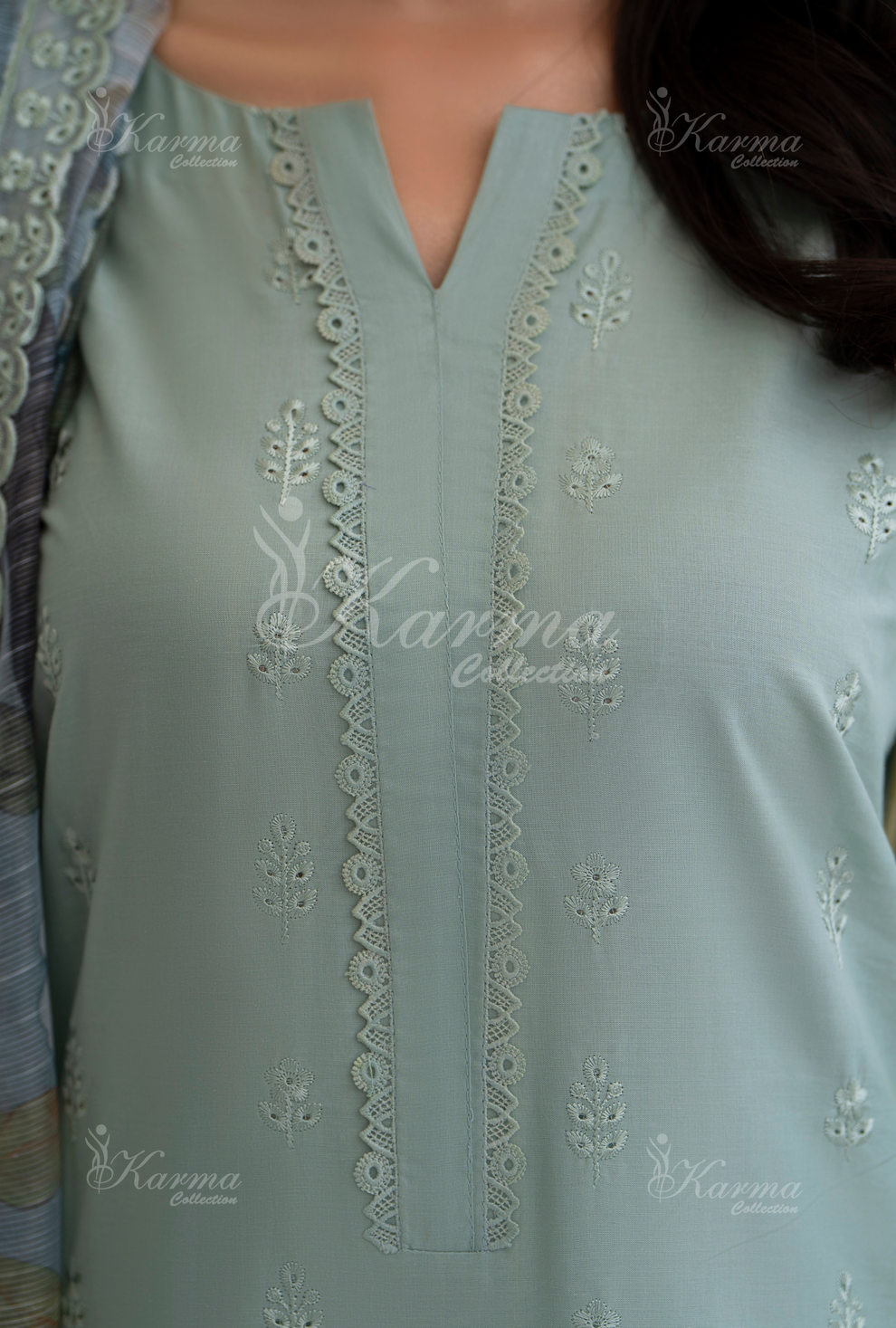 KC- 1394 | Mint Blue | 3 Pc | Chikenkari Cotton Lawn | Karma Collection