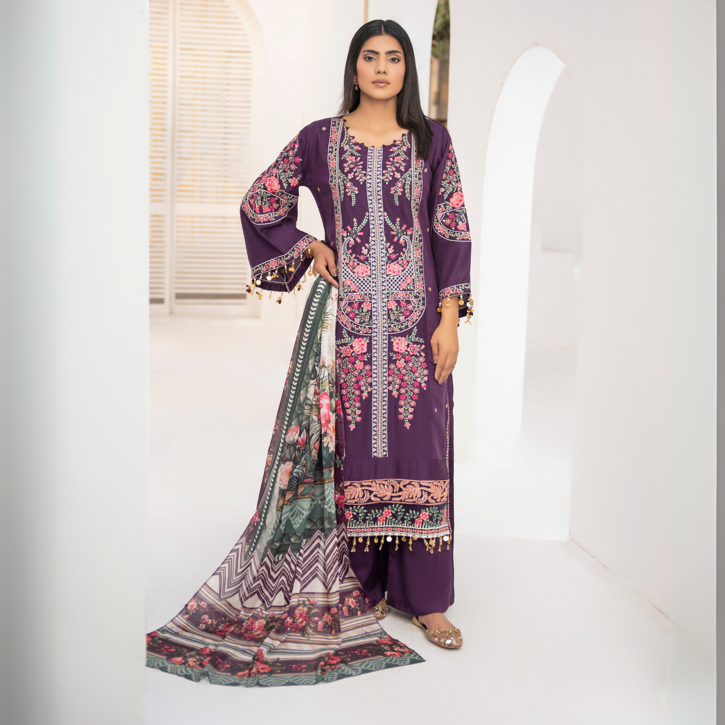 UA-62 Plum Embroidered Viscose Linen 3 Pc Pakistani Dress | UMNAA
