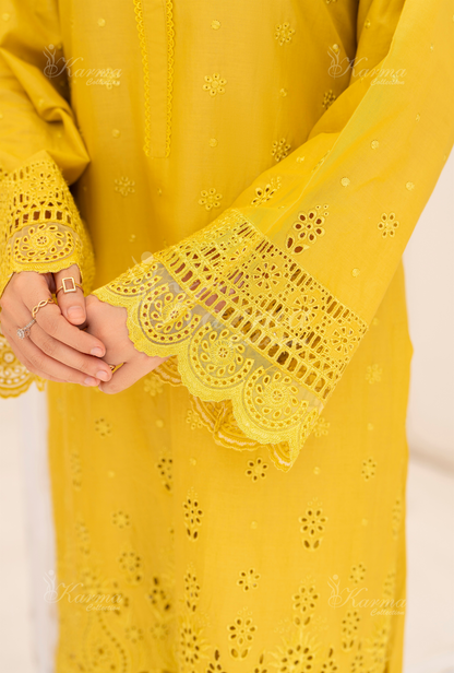 KC- 1385 | Mustard | 3 Pc | Chikenkari Cotton Lawn | Karma Collection