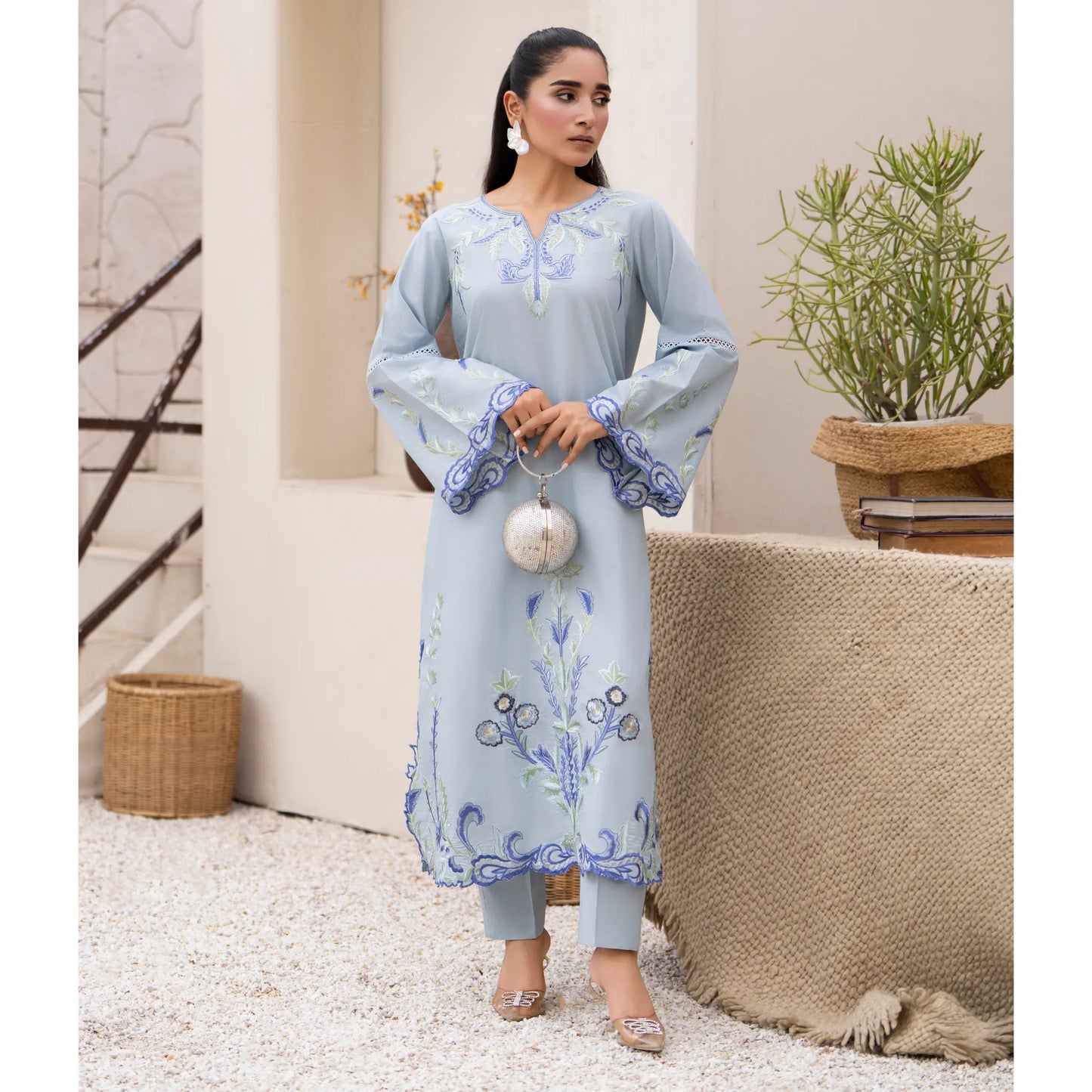 UA-247 Embroidered Cambric Cotton Kaftan Style Co-Ord Set Asian Wear | Umnaa