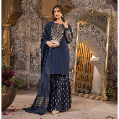 UHE-50 (Navy blue) 3 Pc Embroidered Cambric Cotton ready to wear Dress | Eid Wear | Heera's