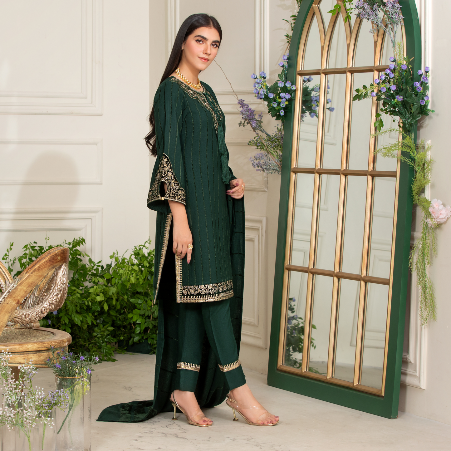 (Green) 3 Pc Embroidered Dhanak Velvet Ready to Wear Dress | Winter Wear | Heera's