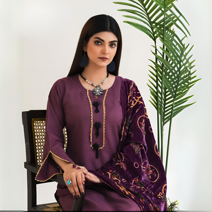 (Old Muave)  3 Pc Dhanak Shirt & Plazo with Palachi Shawl | Winter Collection | Rangz