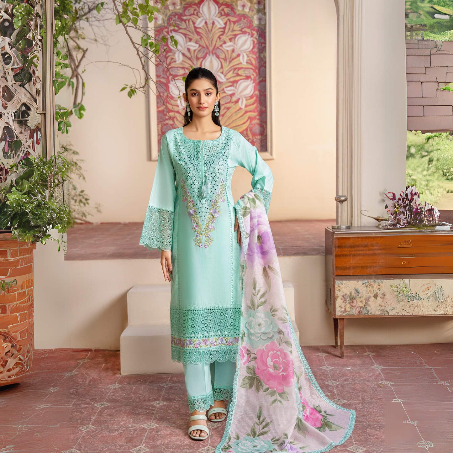 UKC-25 Embroidered Chikenkari Cambric Cotton Ready to Wear 3 Pc - Karma Collection