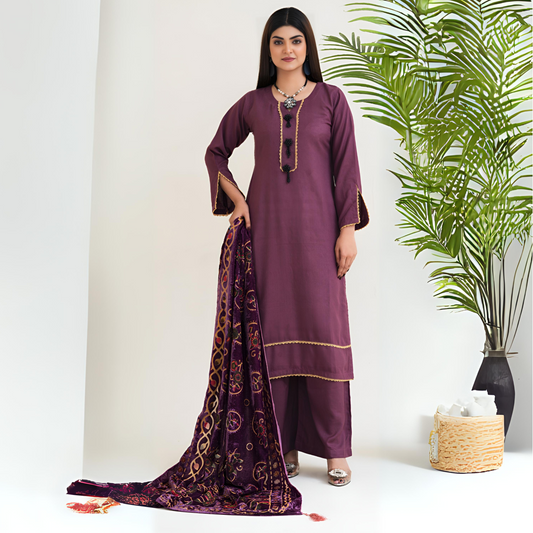 (Old Muave)  3 Pc Dhanak Shirt & Plazo with Palachi Shawl | Winter Collection | Rangz