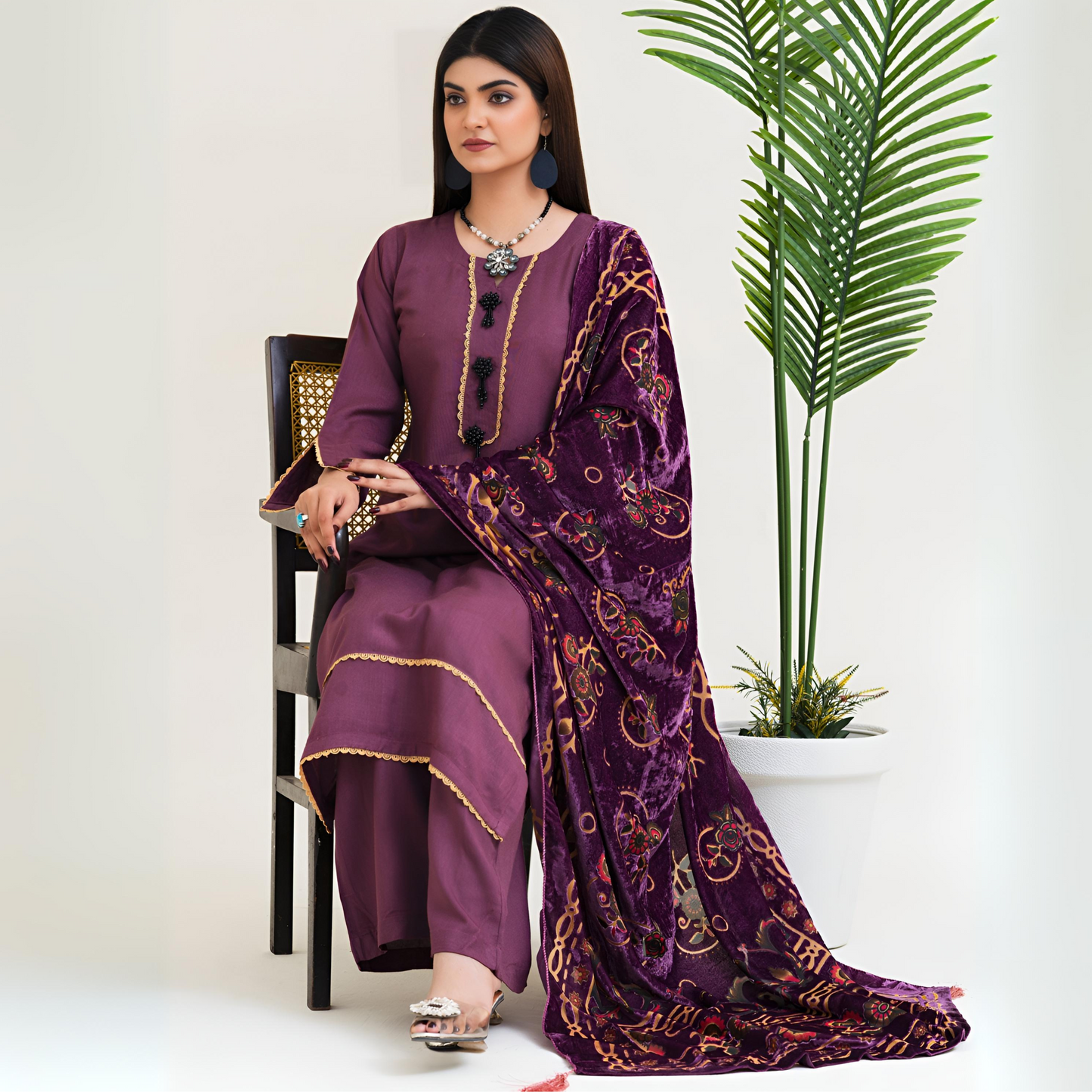 (Old Muave)  3 Pc Dhanak Shirt & Plazo with Palachi Shawl | Winter Collection | Rangz
