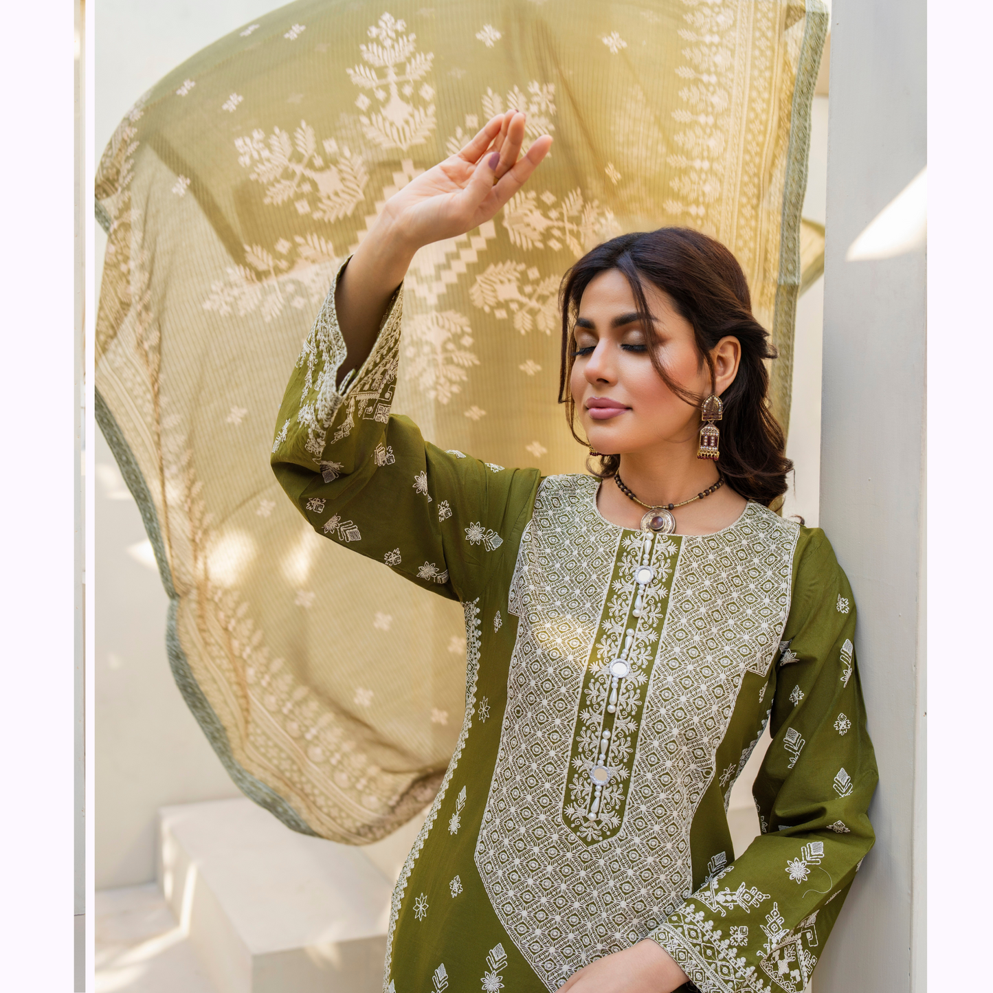 KC-1441 Embroidered Chikenkari Cambric Cotton Farshi Shalwar Ready to Wear 3 Pc - Karma Collection