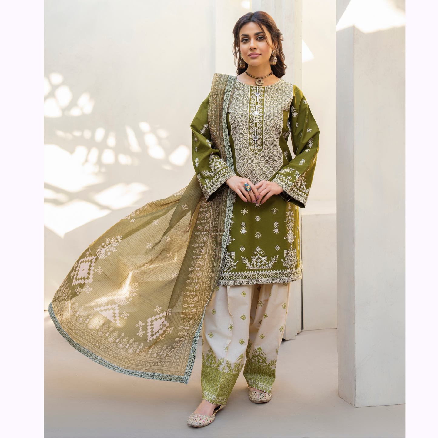 KC-1441 Embroidered Chikenkari Cambric Cotton Farshi Shalwar Ready to Wear 3 Pc - Karma Collection