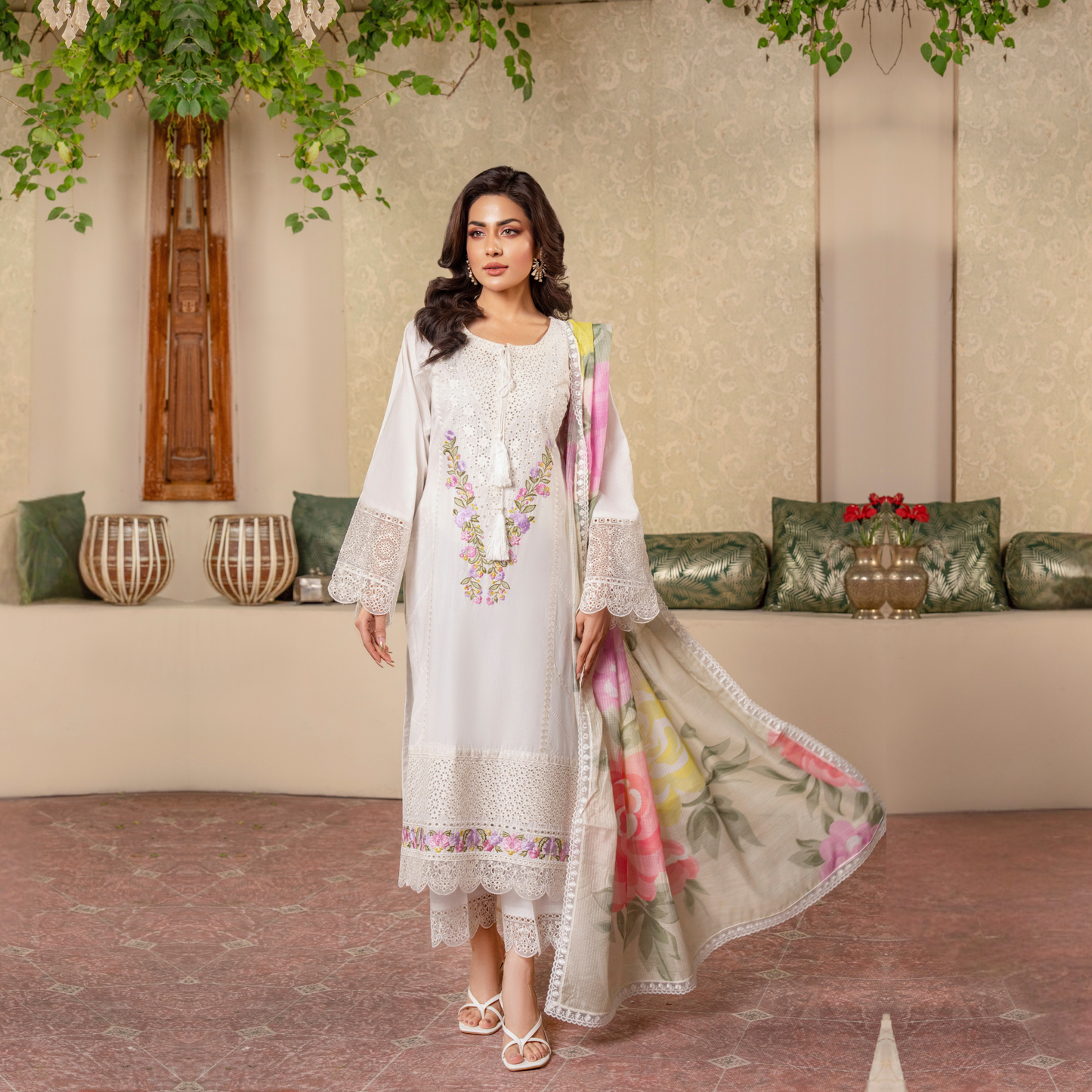 UKC-25 Embroidered Chikenkari Cambric Cotton Ready to Wear 3 Pc - Karma Collection