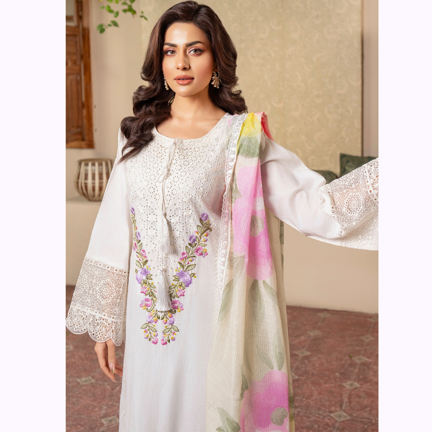 UKC-25 Embroidered Chikenkari Cambric Cotton Ready to Wear 3 Pc - Karma Collection