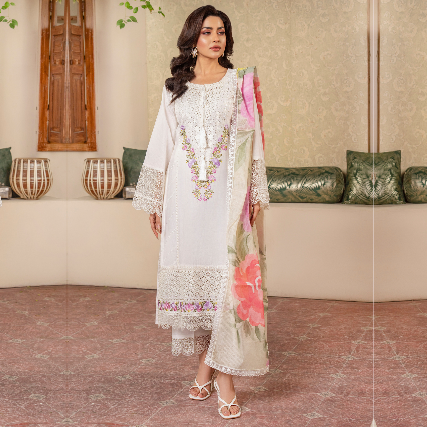 UKC-25 Embroidered Chikenkari Cambric Cotton Ready to Wear 3 Pc - Karma Collection