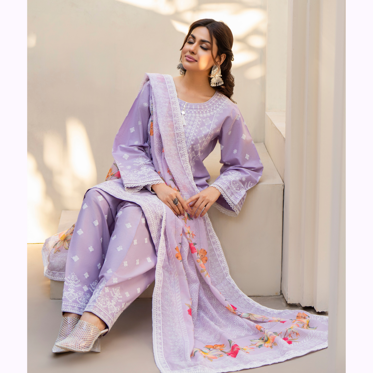 KC-1444 Embroidered Cambric Cotton Farshi Shalwar Ready to Wear 3 Pc - Karma Collection