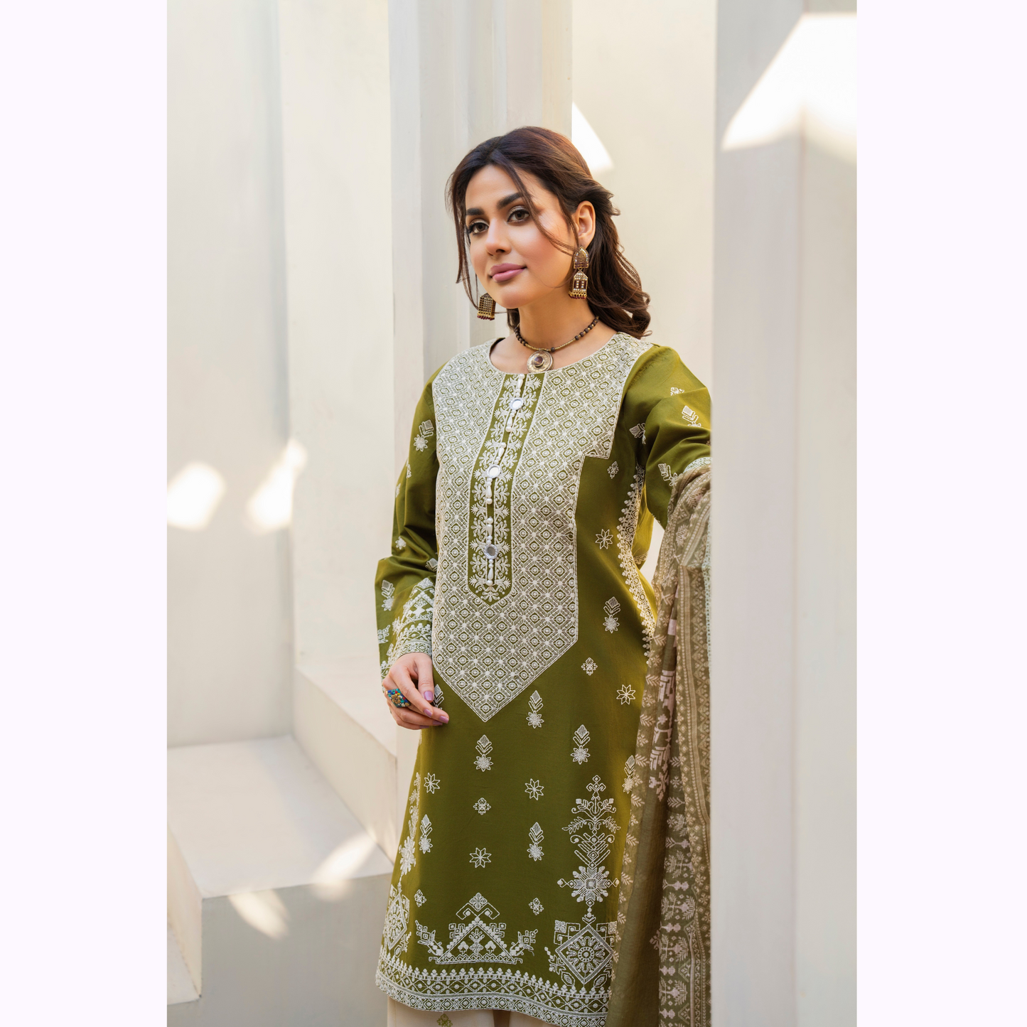 KC-1441 Embroidered Chikenkari Cambric Cotton Farshi Shalwar Ready to Wear 3 Pc - Karma Collection