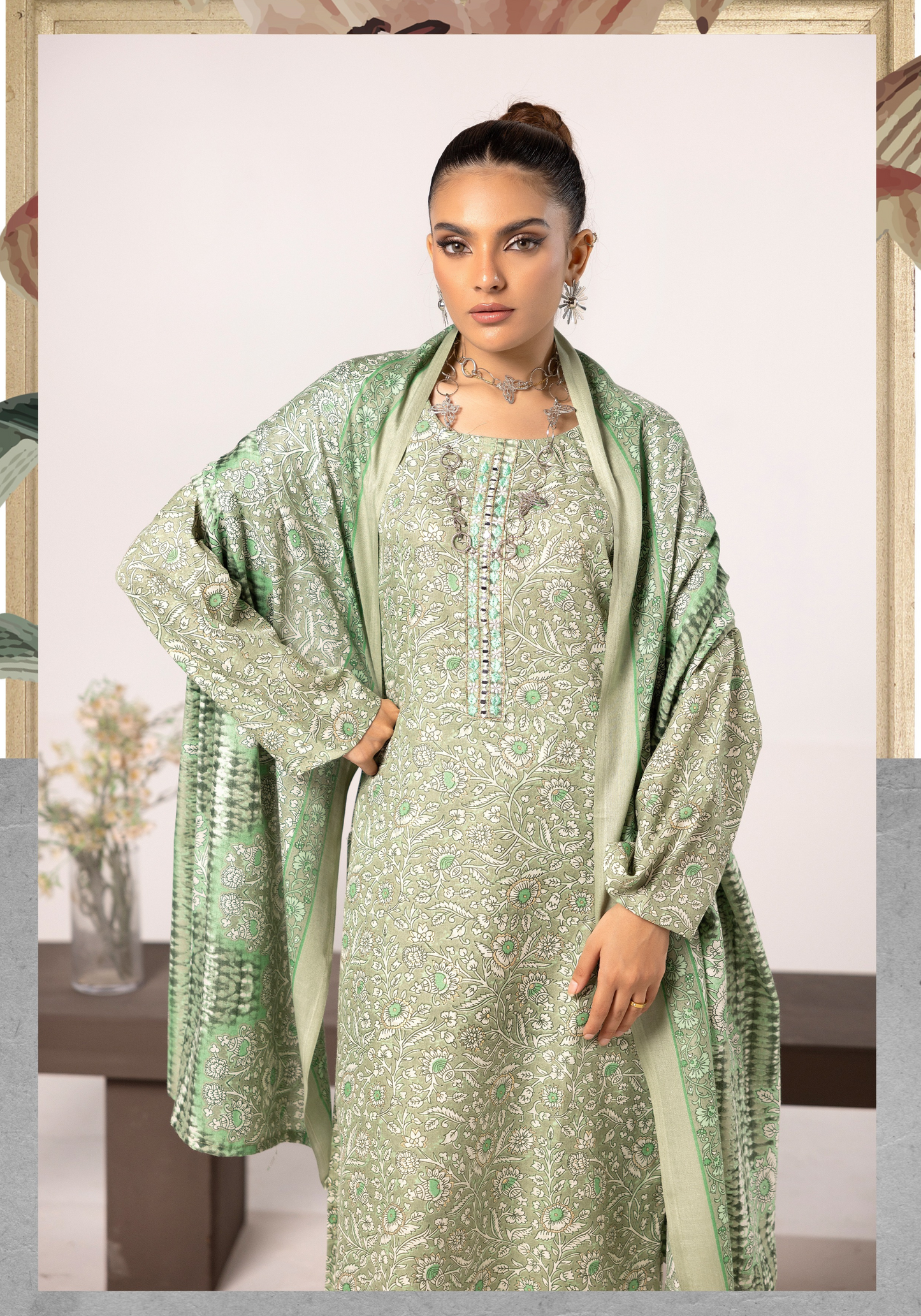 Thistle Green| Printed Linen Shalwar Kameez & Dupatta | 3 Pc | Ready-to-wear | Simrans