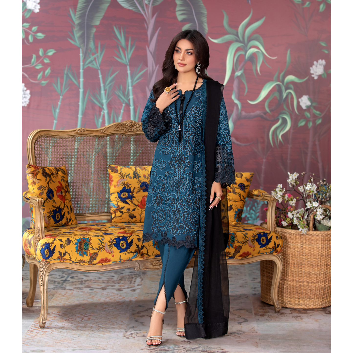 (Blue) 3 Pc Embroidered Dhanak Pakistani Dress With Chiffon Dupatta  | Winter Wear | Heera's