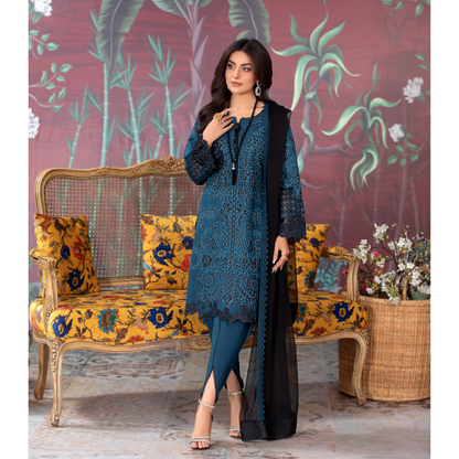 (Blue) 3 Pc Embroidered Dhanak Pakistani Dress With Chiffon Dupatta  | Winter Wear | Heera's