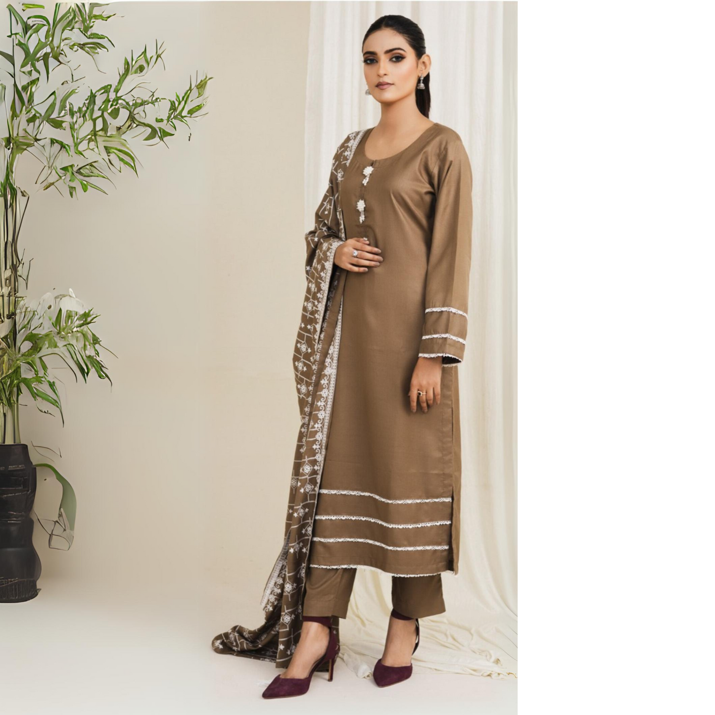 (Camel)  3 Pc Dhanak Dress with Embroidered Dhanak Shawl | Winter Collection | Rangz