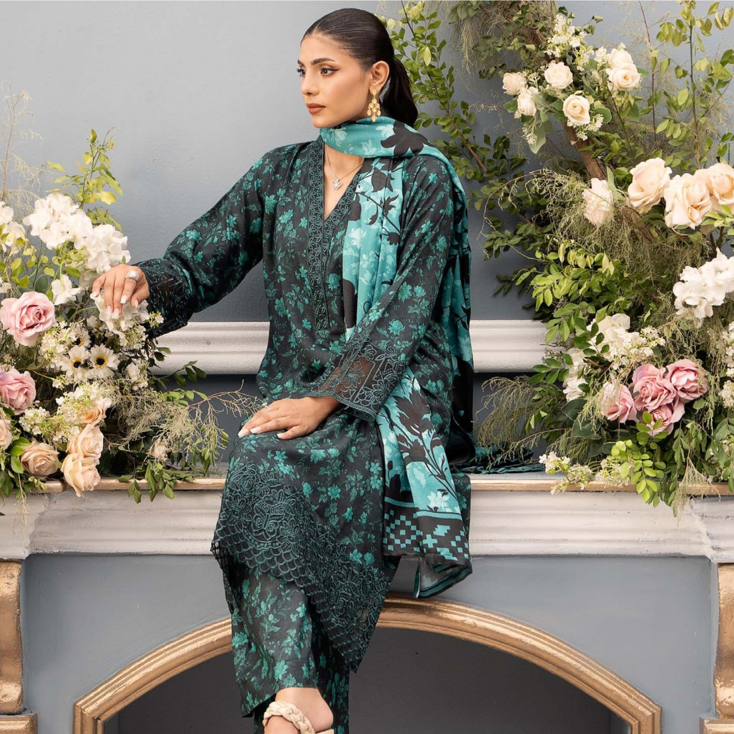 (Black & Sea Green) Embroidered Printed Dhanak Dress with Dhanak Shawl | Winter Collection | Raniya.h