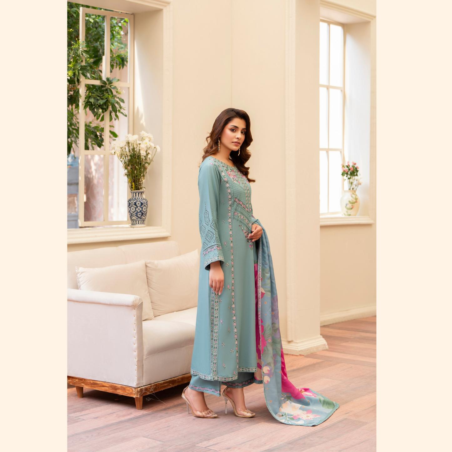(SEA GREEN) 3 Pc Ready to Wear Embroidered Printed Collection | Karma Collection | UMKC0802
