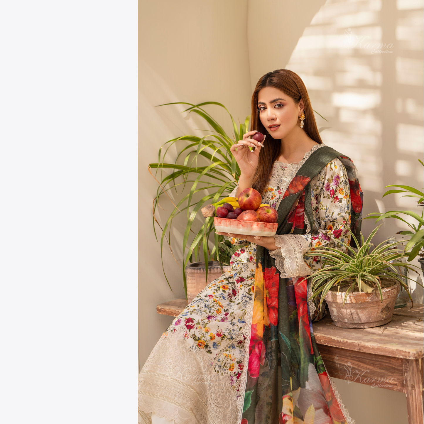 Multi floral Print Cotrai dhanak with pasmina wool shawl 3 Pc - Karma Collection | UMKC0601