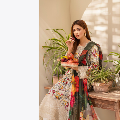 Multi floral Print Cotrai dhanak with pasmina wool shawl 3 Pc - Karma Collection | UMKC0601