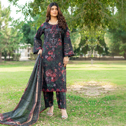 Winter Linen Printed Handwork Embroidered Dress 3 Pc |Ready to Wear| Rangz | UMRGZ3700