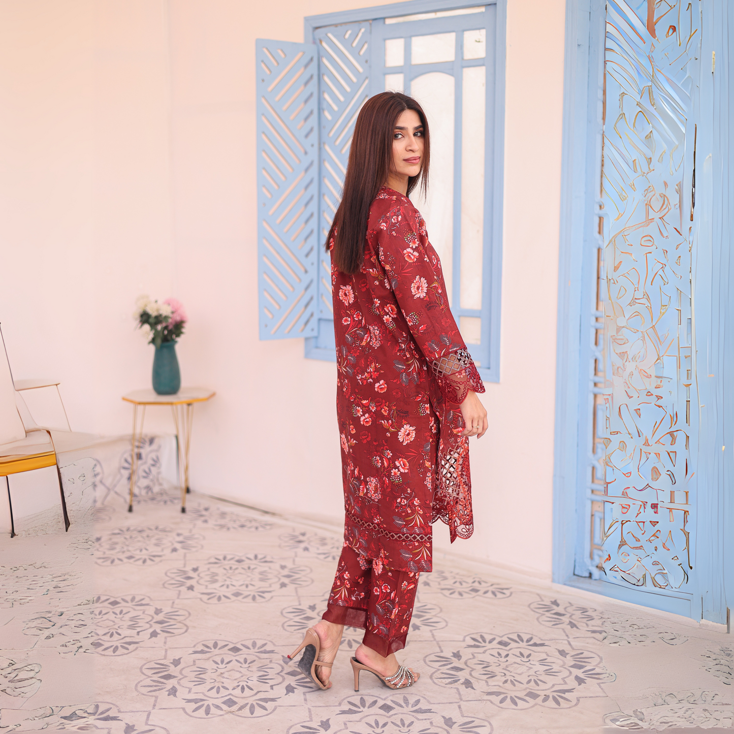 2 Pc Embroidered floral Printed Khaddar Pakistani Co-Ords Set | Ready to wear| Naubahar | UMNAU0900