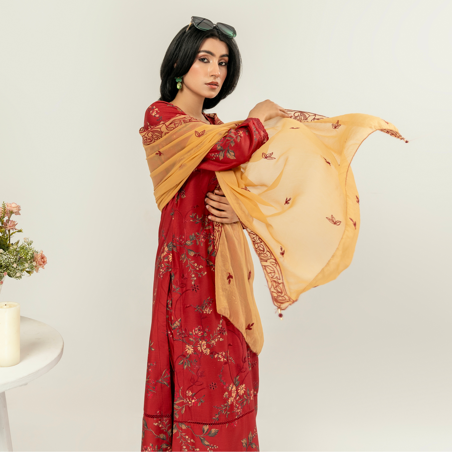 UMS-10 Floral Printed Embroidered Linen | 3 Pc | Ready-to-wear Dress - Simrans