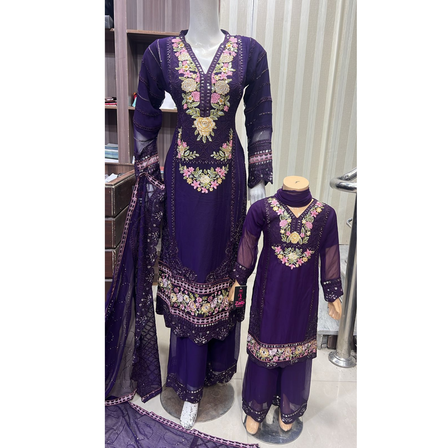 UA-52 3 Pc Luxury mother daughter Embroidered Chiffon Collection- Umnaa