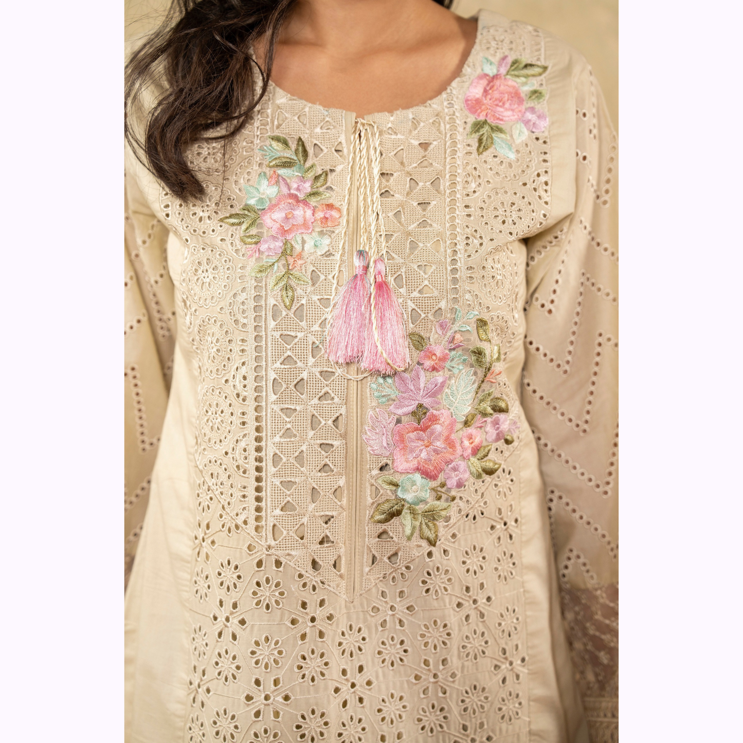 UKC-26 Embroidered Chikenkari Cambric Cotton Ready to Wear 3 Pc - Karma Collection