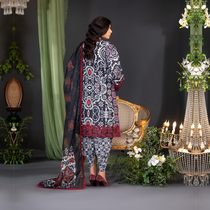 (Black and White) 3 Pc Embroidered Cambric Cotton Ready to Wear Dress | Eid Wear | Heera's
