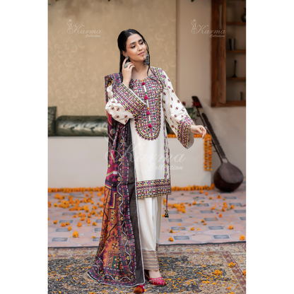 KC-1433 Embroidered Cambric Cotton Farshi Shalwar Kameez Ready to Wear 3 Pc - Karma Collection