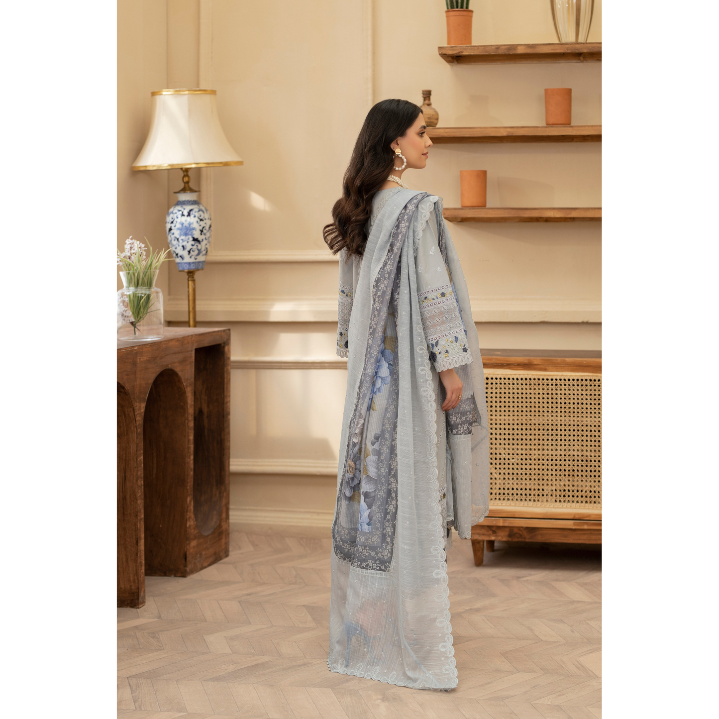 KC-1434 Embroidered Chikenkari Cambric Cotton Dress Ready to Wear 3 Pc - Karma Collection