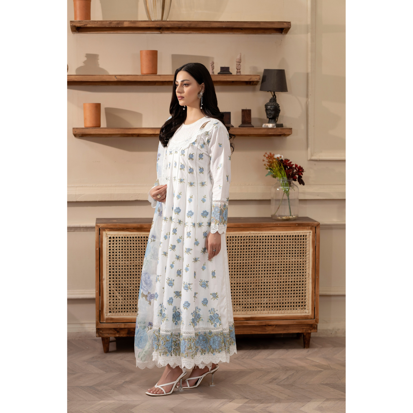 KC-1436 Embroidered Cambric Cotton long Frock Dress Ready to Wear 3 Pc - Karma Collection