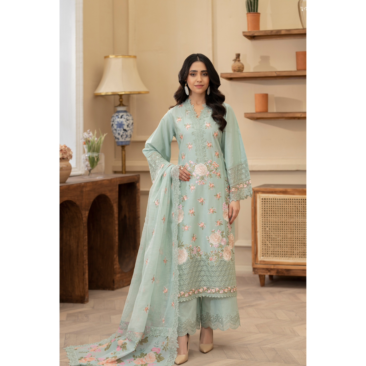 KC-1437 Embroidered Cambric Cotton long Frock Dress Ready to Wear 3 Pc - Karma Collection