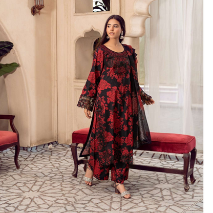 3 Pc Mother n Daughter Linen Embroidered Printed Dress | Festive Collection | Rangz