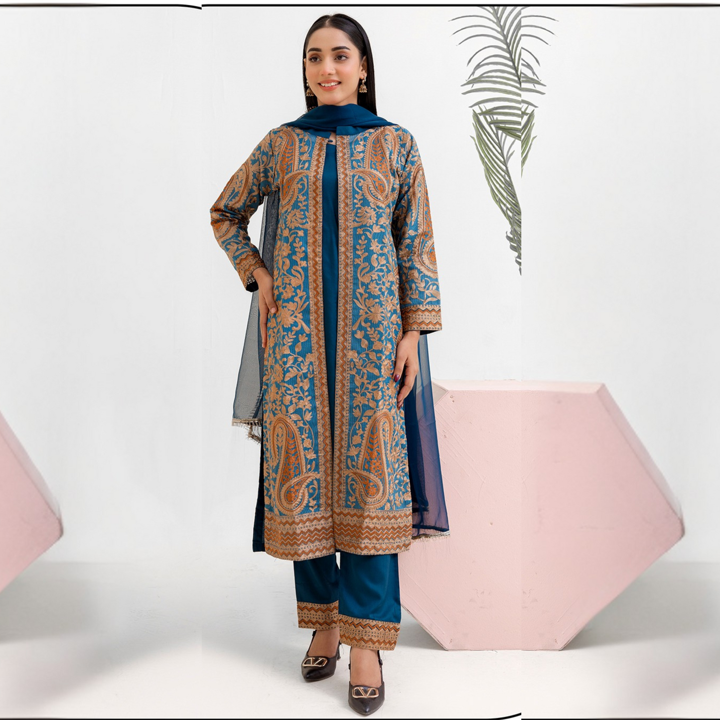 UMRZ-44 Embroidered Linen Coat Style Shirt with Pocket Trouser Dress and Chiffon Dupatta 3 Pc |Ready to Wear| Rangz